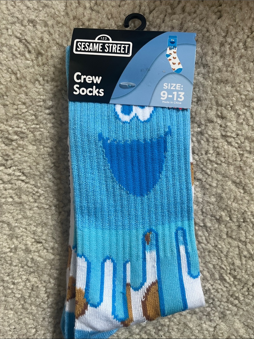 Sesame Street Blue Cookie Monster Crew Socks with Cookie Drip